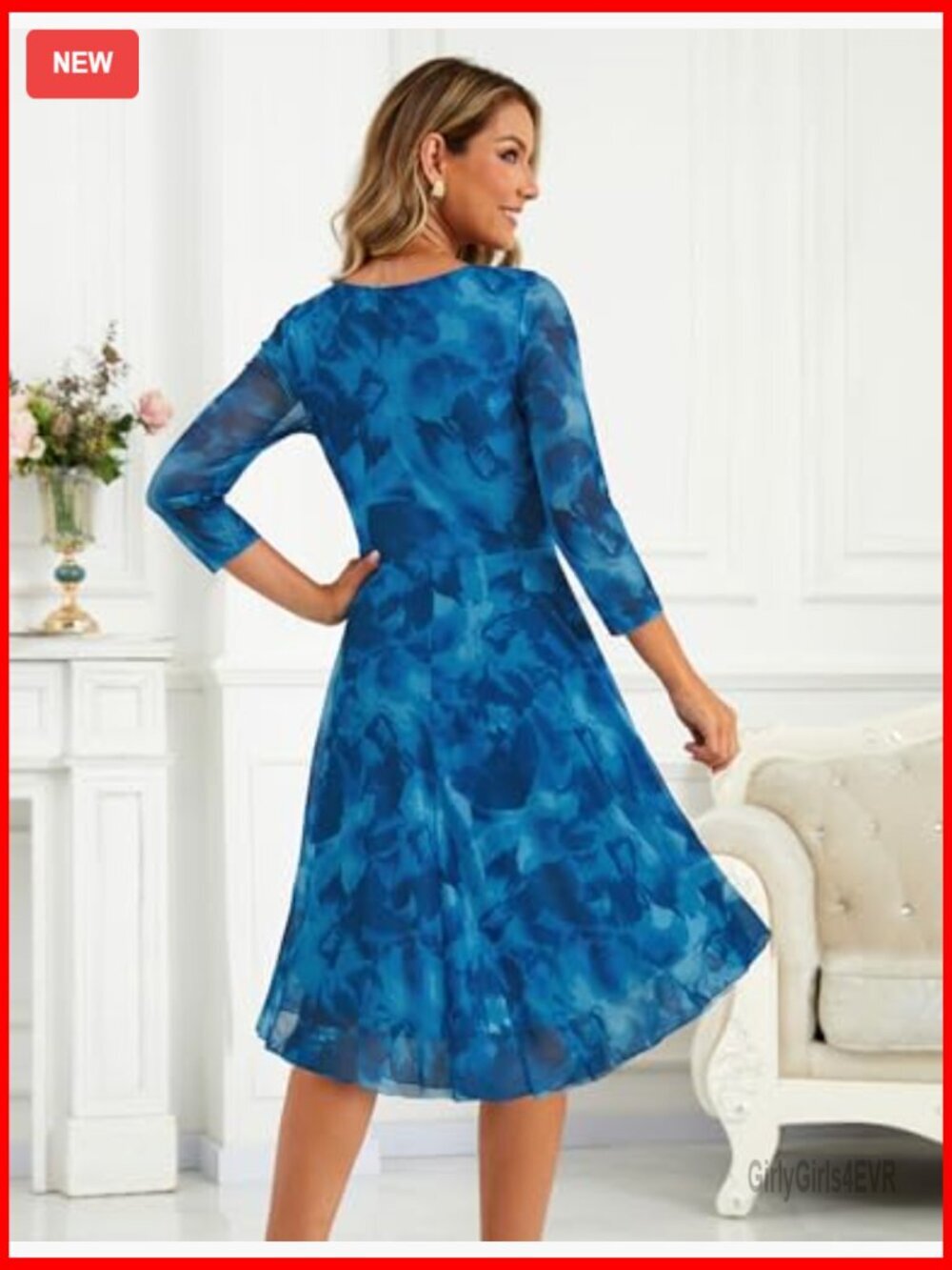 Elegant 3/4 Sleeve Floral Midi Dress with Belt - Women's Cocktail & Wedding - Picture 4 of 7